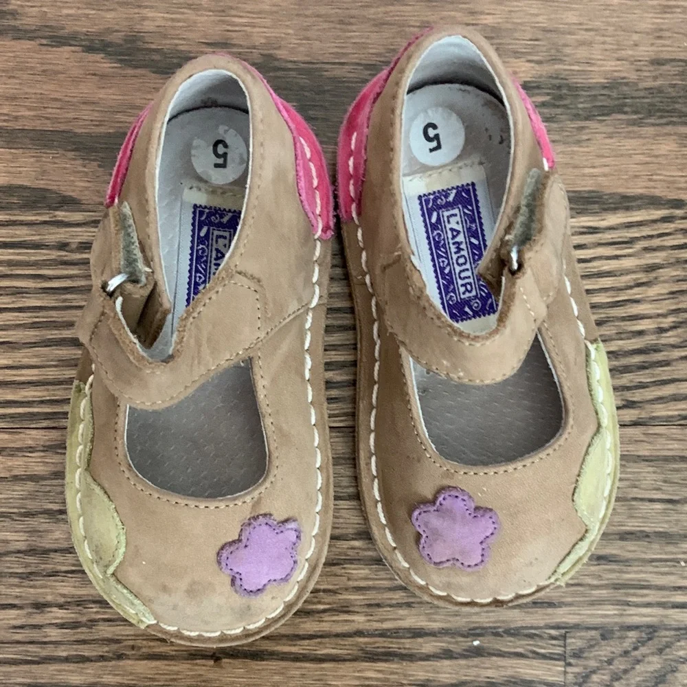 L’Amour Children's Tan Suede Mary Jane Shoes with Purple & Yellow Flowers